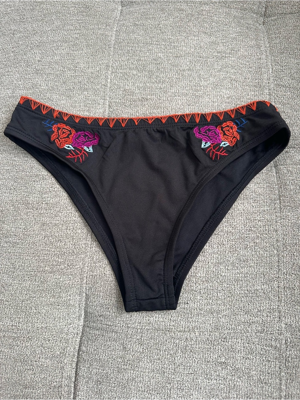 Black Bikini Bottom with Colorful Floral Embroidery